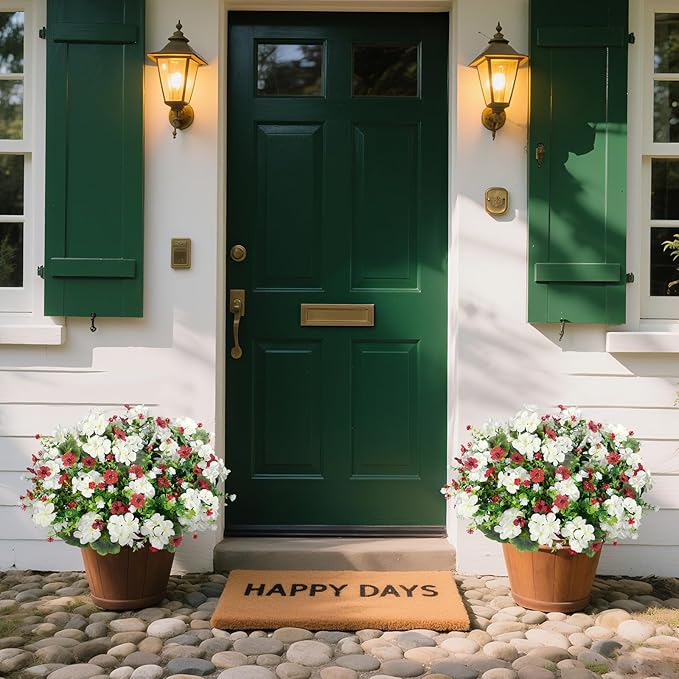 Ouddy Decor 18'' Artificial Geraniums Flowers for Outdoors, 10 Bundles Mixed Fake Silk Flowers Plastic Plants UV Resistant for Summer Garden Porch Patio Planter Home Decor, White