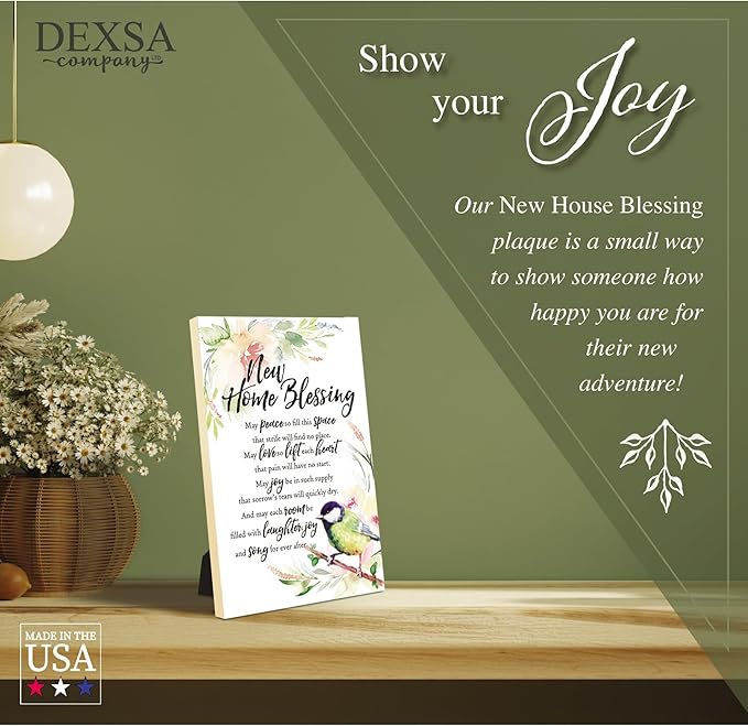 DEXSA New Home Blessing Wood Plaque with Inspiring Quotes 6"x9" - Elegant Frame Wall & Tabletop Decoration | Easel & Hanging Hook | Christian Family Religious Home Decor Saying | Made in the USA