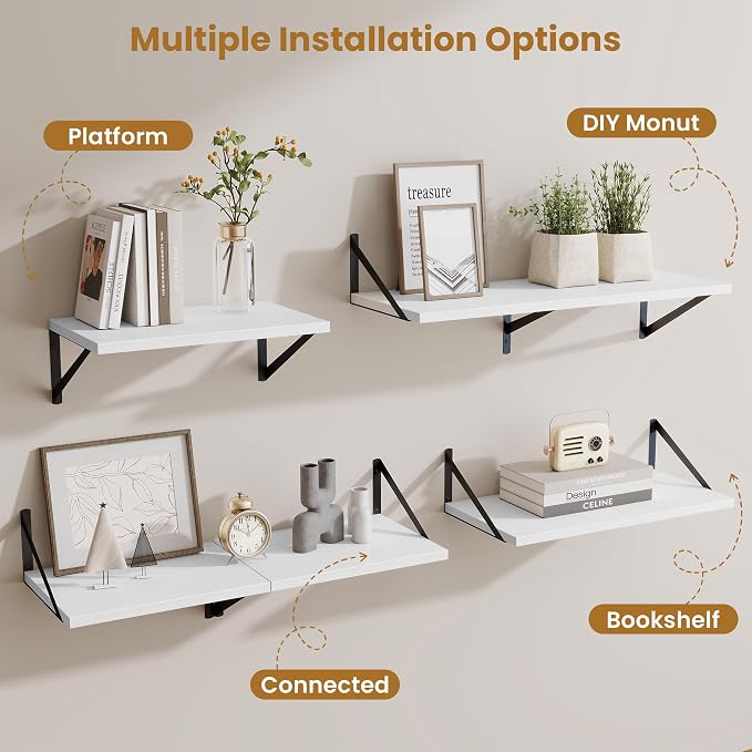 Acovy Floating Shelf for Wall,32" WX10 D Wood Floating Shelves with Sturdy Metal Bracket Set of 2,Wall Mounted Hanging Shelf for Bathroom,Bedroom,Kitchen,White