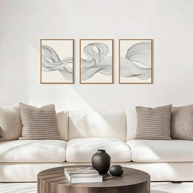 HPNIUB Large Neutral Abstract Framed Canvas Wall Art,Textured Beige Minimalist Wall Decor,Black Line Wave Art Prints,Boho Modern Geometric Artwork for Living Room, Bedroom, Office -12"x16"x3