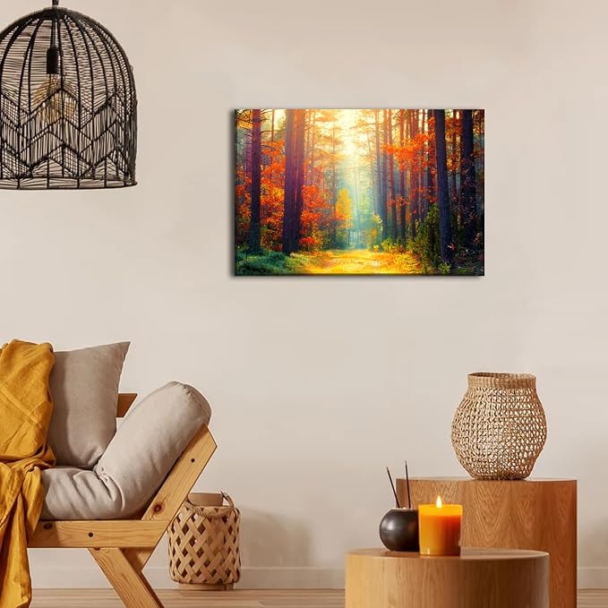 Fall Forest Wall Art Orange Maple Leaves Wall Decoration for Living Room Bedroom Autumn Landscape Pictures Nature Trees Scenery Canvas Print Sun Light Through Forest Painting Artwork Home Decor 20x30”