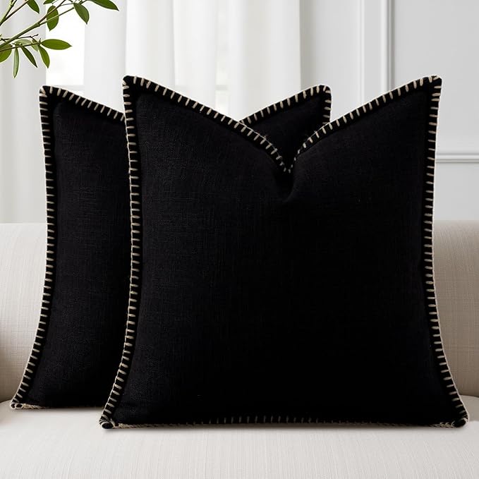decorUhome Summer Decorative Throw Pillow Covers 16x16 Set of 2 Square Faux Linen Outdoor Neutral Farmhouse Pillow Covers with Stitched Edge for Couch Sofa Living Room, Black