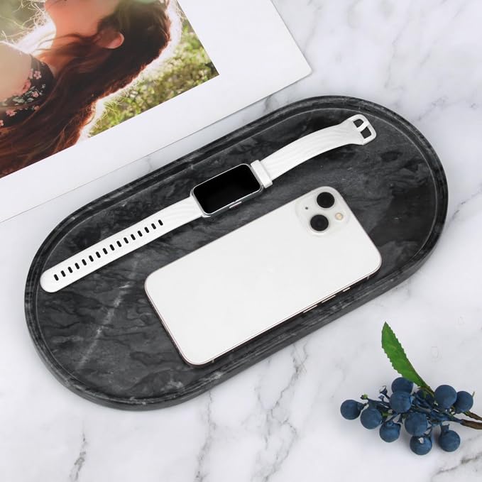 Oval Marble Bathroom Vanity Tray, Natural Luxury Marble Home Kitchen Bathroom Table Tray, Stone Decorative Countertop Tray for Coffee Perfume Jewelry (Dark Grey, 12" x 6" x 0.8")