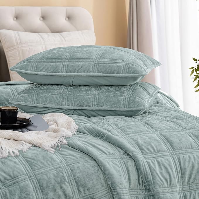 PHF Ultra Soft Velvet Quilt Set Queen Size – 3PCS Luxurious Cozy Quilted Comforter Alternative with Diamond Pattern, Warm Quilted Bedspread Coverlet, 90" x 92", Dusty Blue