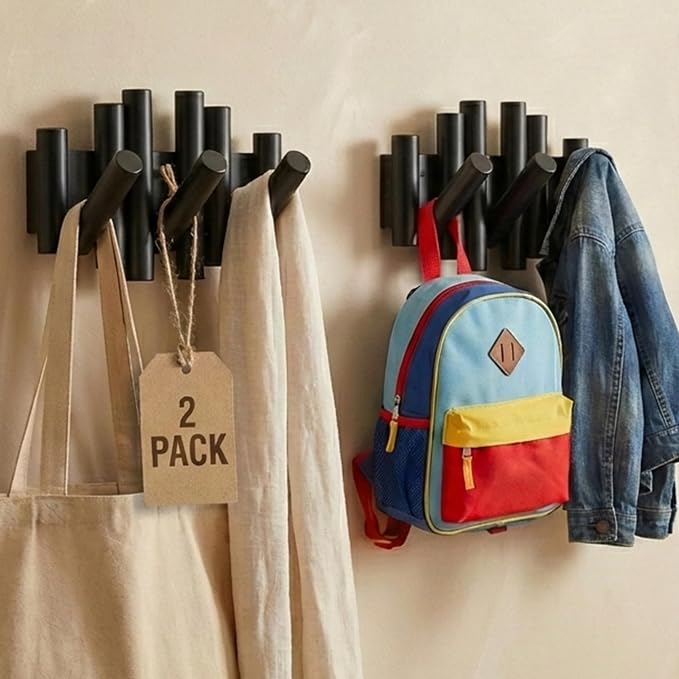 Bamboo Piano Coat Rack Wall Mount Set of 2, Flip Down Retractable Wooden Hooks for Entryway Hallway Mudroom | Matte Black Multi Hook Wall Hanger, 2-Pack 3 Hooks Organizer