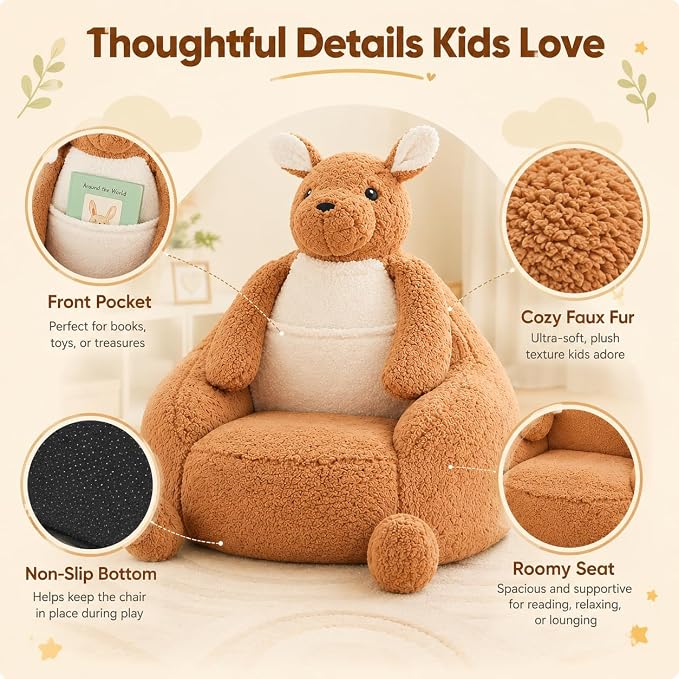 31 Inhces Memory Foam Bean Bag Chair - Ultra Soft Faux Rabbit Fur Sofa with Handle & Machine Washable Cover, Comfy Lazy Chair for Kids Teens, Perfect for Reading Gaming in Living Room Bedroom，Brown