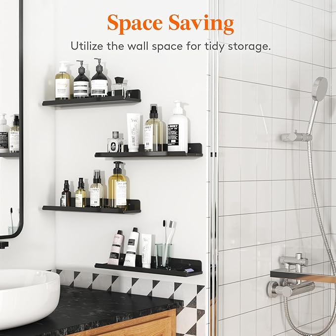 Lifewit Floating Shelves for Bathroom, 15" Acrylic Wall Organizer for Perfume, Makeup, Figures, Nail Polish, Photo, Book, Decor Display Rack for Nursery, Living Room, Bedroom, Kitchen, Black, 6 Pack