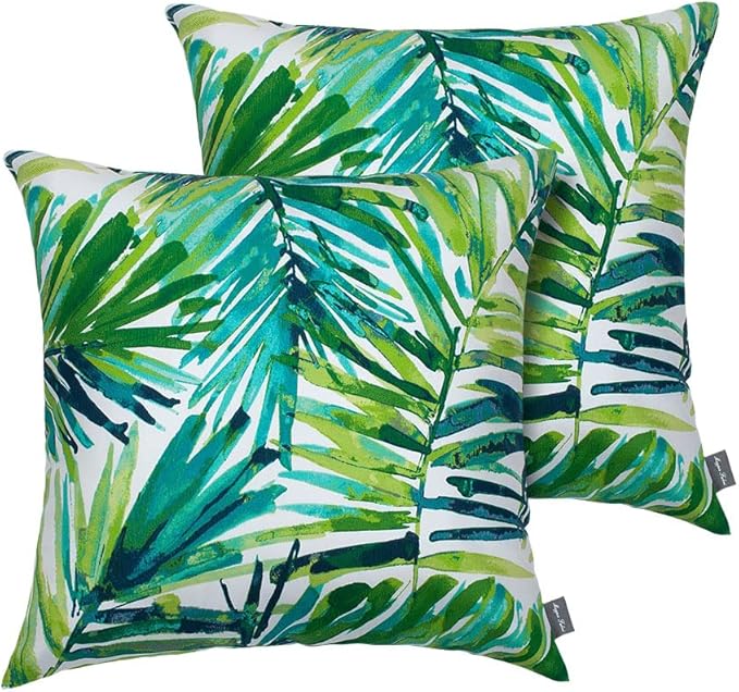 Magpie Fabrics Patio Pillow with Insert 18"x18", Set of 2, Fade-Resistant Outdoor Indoor Cushion Decorative Throw Pillow Decoration for Couch Garden Furniture - Green Palm Leaves