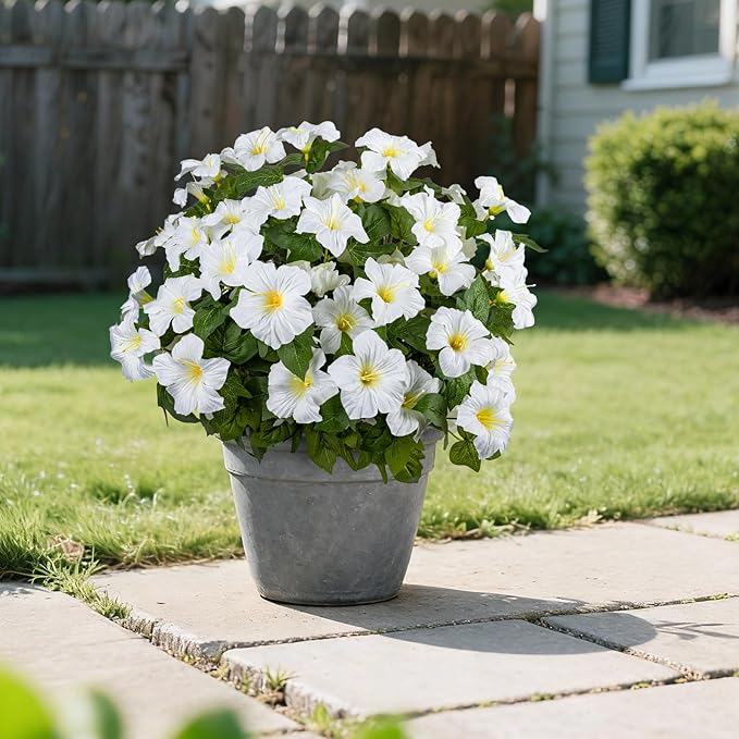 19 Inch Artificial Fake Flowers for Outdoor,4 Pcs White Faux Silk Petunias Spring Flowers for Outside for Indoor Porch Planter Front Door Garden Patio Window Box Home Decor