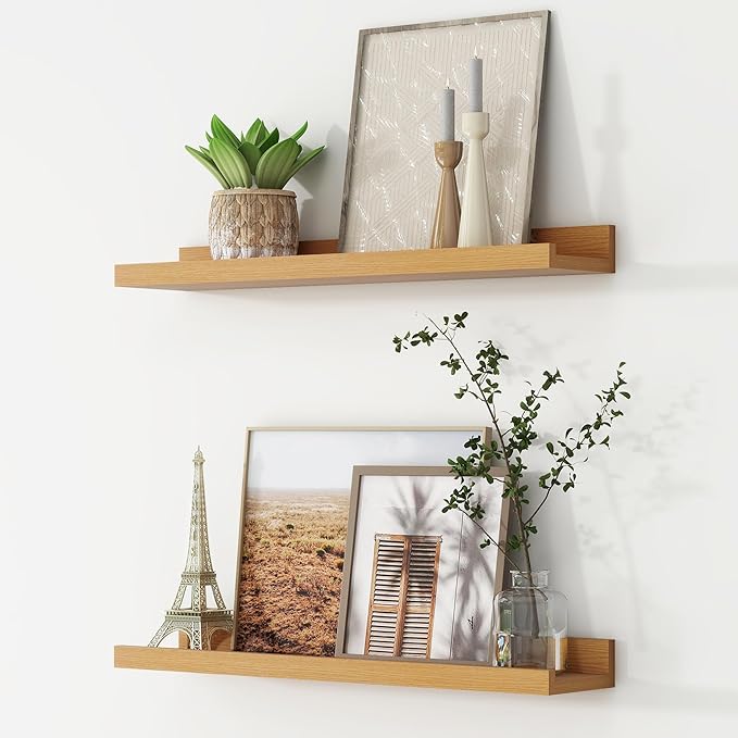 FLYJOE Picture Ledge Shelf, Floating Shelves Set of 2, 24 Inches Nursery Book Shelves for Toys Storage, Kids Bookshelf Wall Mounted for Living Room Bedroom Decor Books Photo Frames, Natural Oak
