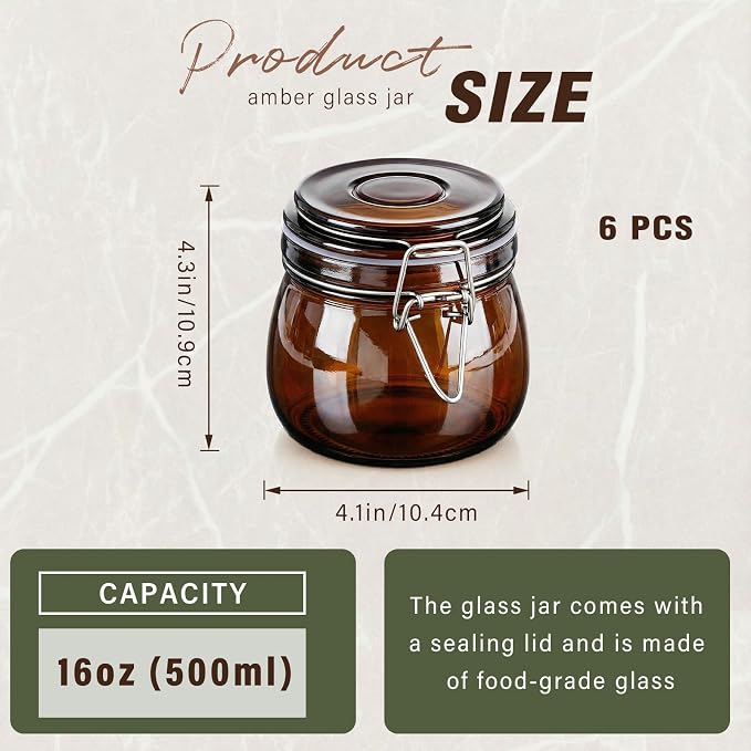 Norme 6 Pack 16oz Amber Airtight Glass Jars with Lids, Round Food Storage Container Airtight Food Wire Clip Fastening for Sauerkraut Flour Kitchen Sugar Cereal Kitchen Canning Pickling Mason Jars