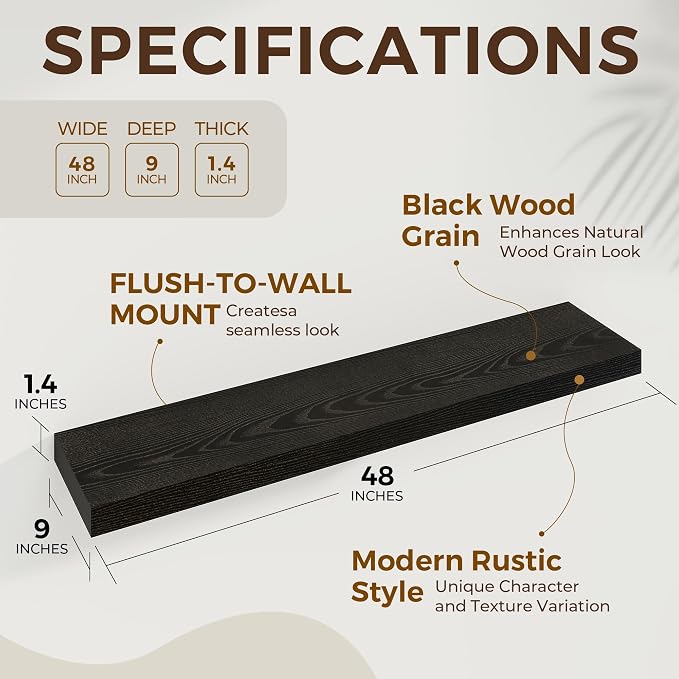 Dreamland 48Inch Black Floating Shelves 9.3" Deep Wall Mounted Set of 2 | Wall shelves for bathroom, bedroom, kitchen, deep wall mount wood storage display for home decor 48" x 9.3"