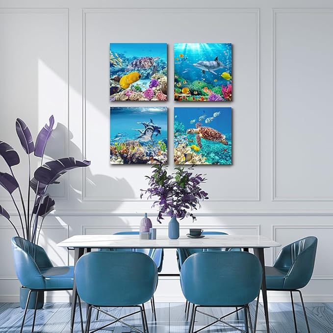 Canvas Wall Art for Living Room- family Bedroom Canvas Pictures Artwork Bathroom Wall Decor- 4 Panels Coral and Sea Fish and Turtles Ocean Theme Stretched and Framed Ready to Hang Modern Home Decor