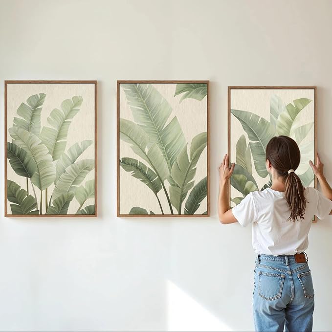 Rantodecor Sage Green Framed Canvas Wall Art, Minimalist Tropical Leaf Wall Decor, Boho Beige Nature Leaf Art Paintings, Bohemian Triple Panel Plant Artwork for Bedroom Living Room Office 24"x36"x3