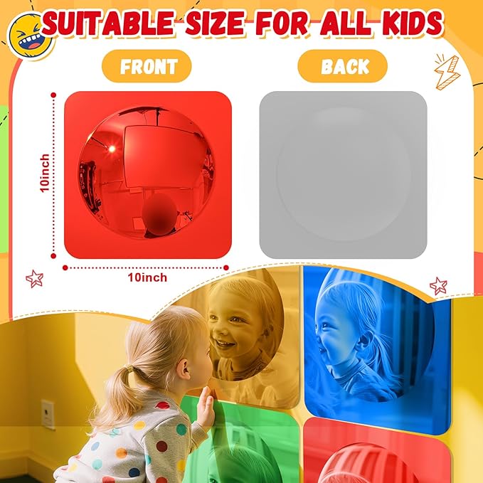 Geiserailie 4 Pcs Sensory Wall Mirror Acrylic Bubble Mirror Toys for Calming Corner Items - Sensory Room Have Visual, Tactile Stimulation (10 x 10 Inch,Red,Yellow,Green,Blue)