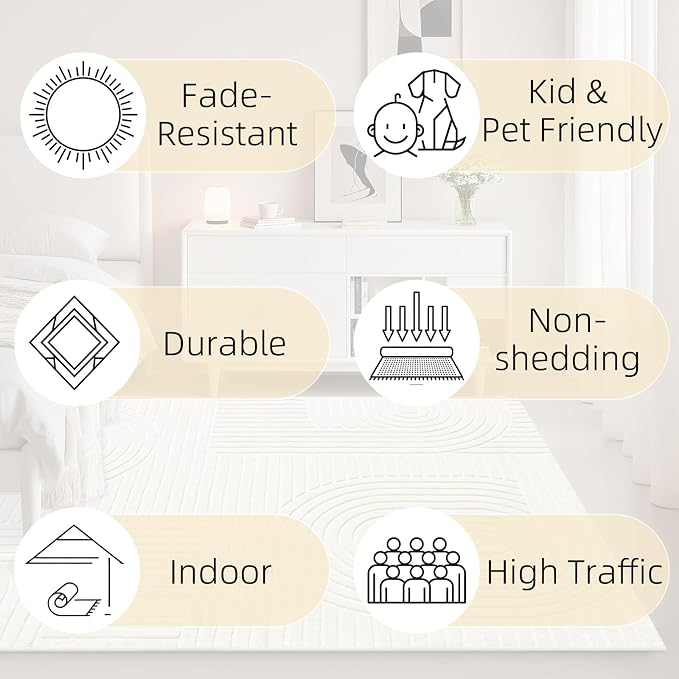 Beige 5x7 Solid Color Area Rug, Washable Rugs for Living Room Bedroom | Ultra Soft Plush Boho High-Low Pile Texture Indoor Carpet, Fluffy, Non-Slip Rugs for Bedside, Kids Room, Nursery, Home Office