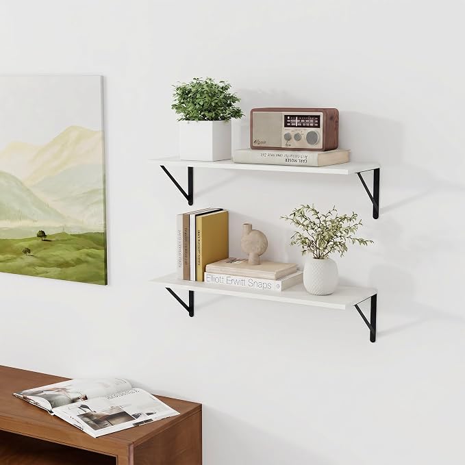 Vivelove White Deep Floating Shelves for Wall, 24W x 8D Wood Wall Shelves Set of 3, Wide Floating Bookshelf for Living Room, Kitchen, Office, Bedroom and Decor Storage, with Black Bracket - White