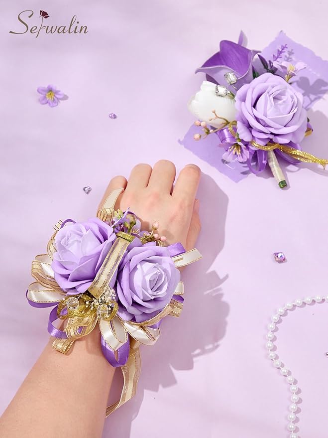 Serwalin Purple Prom Corsage and Boutonniere Set, Artificial Calla Lily Rose Wrist Corsage Wristlet for Homecoming, Formal Dance, Wedding Flowers Accessories Party Suit Decorations