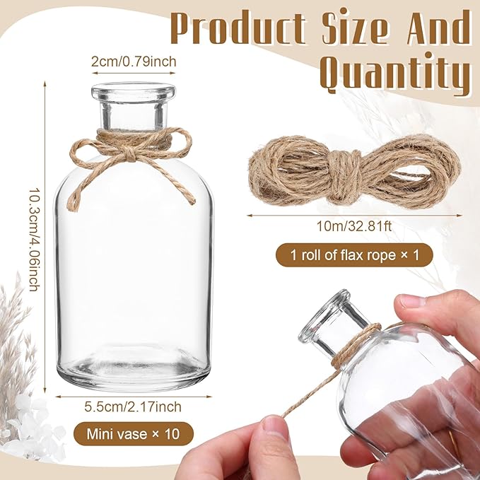 Nuanchu 10 Set Dried Pampas Grass Centerpiece for Wedding 10 Small Glass Vases 10 Dried Pampas Grass Bouquet with Rope for Baby Shower Rustic Bridal Party Farmhouse Decoration(5 Style)