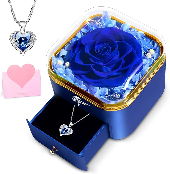 Valentines Day Gifts for Her - Preserved Real Blue Rose with Heart Necklace, Forever Flowers Gifts for Mom Grandma Wife Girlfriend at Christmas, Valentines, Mothers Day, Anniversary or Birthday Gifts for Women to Send Love