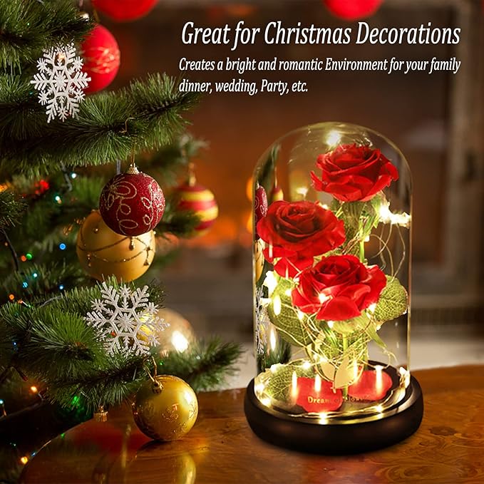 Beauty and The Beast Rose Valentines Day Gifts for Her, Birthday Gifts for Women, Light Up Roses, Glass Dome Rose with LED Lights, Red Roses, Valentines Mother Women's Gift for Mom Wife Girlfriend