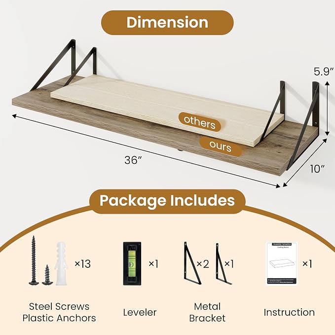 Acovy Deep Floating Shelves for Wall,36" Wx10 D Wood Wall Shelves with Metal Brackets,Hanging Storage Floating Shelf for Living Room,Bedroom,Bathroom,Office,Kitchen,Grey