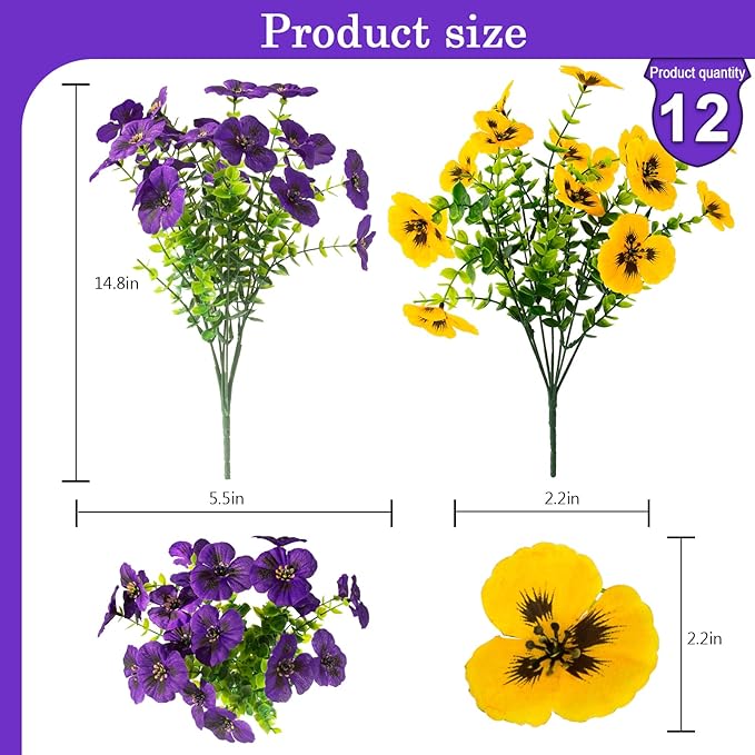 lovemoon 2 Sets Artificial Hanging Flowers with Baskets, 24 Pcs UV Resistant Faux Silk Pansies Outdoor Flower Pots for Porch Patio Garden Home Spring Summer Decor (2, Yellow,Puple)