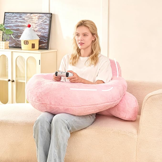 17" Reading Pillow for Bed,U Shaped Arm & Elbow Support,Pink Faux Fur | Backrest Supports Back,U Shaped Lap Pillow Cushions Arms,Elbows & Wrists,Plush Faux Fur for Reading,Gaming,Watching TV