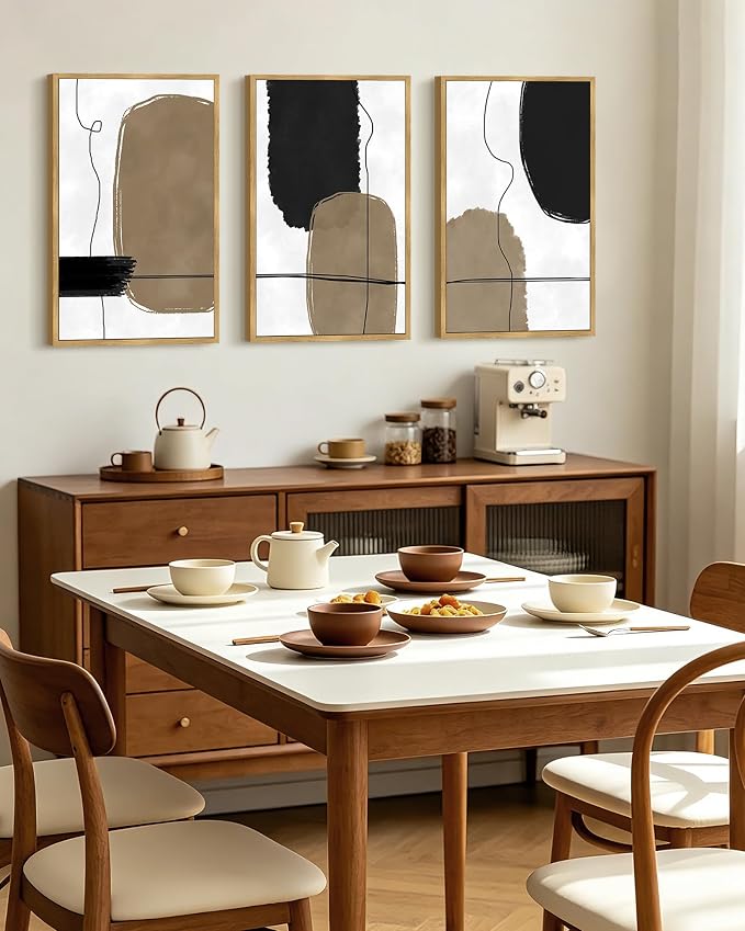 PHOPAGO Abstract Framed Wall Art Large 16x24in Neutral Beige Mid Century Textured Artwork Black Minimalist Line Modern Illustrations Prints Home Decor - Natural Framed