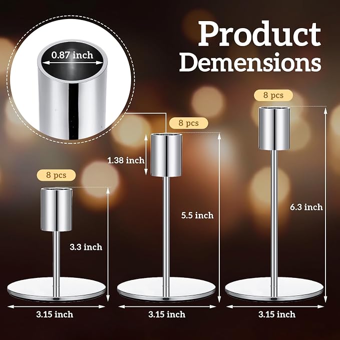 Sieral Candle Holders Bulk Taper Candlesticks Holders Set Modern Decorative Metal Candelabras for Wedding Anniversary Home Dinning Table Centerpiece Xmas Party Decor(Silver,24 Pcs)