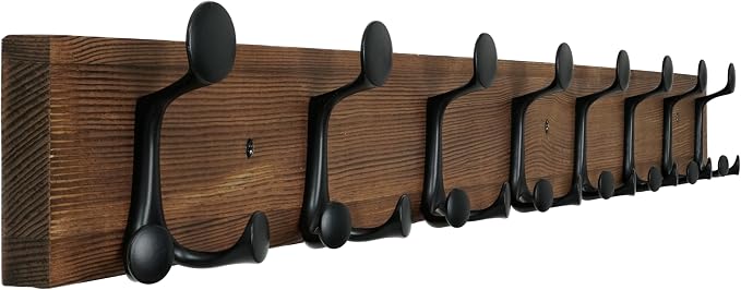 WEBI Coat Rack Wall Mount,43" Solid Wood Coat Hooks Wall Mounted Coat Hanger,16" Hole to Hole,Heavy Duty Hook Rack,8 Triple Hooks for Hanging Coats,Jacket,Hat,Backpack,Farmhouse,Brown