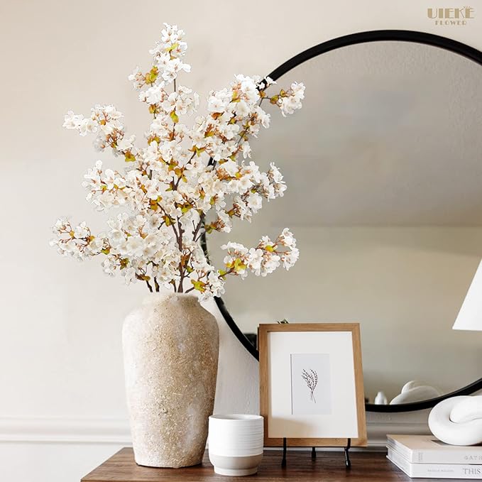 Uieke Silk White Cherry Blossom Branches, 39.3in Artificial Cherry Blossom Stems, Fake Plum Blossom Flowers Arrangement for Wedding Home Decor, Set of 8