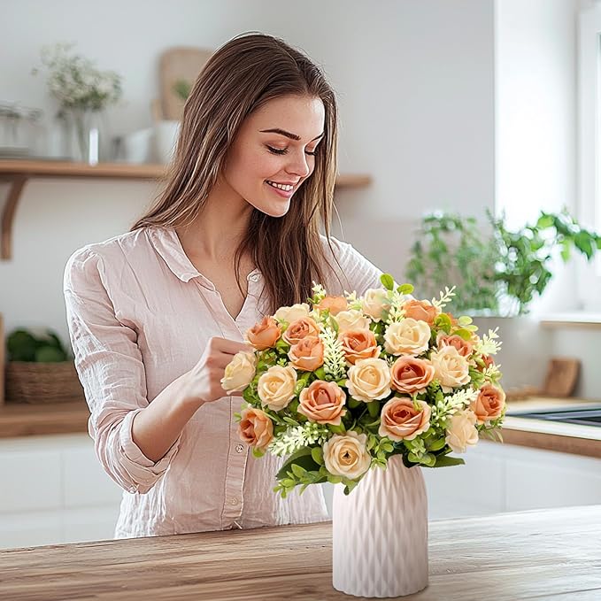 TURNMEON 40 Heads Fake Roses Artificial Flowers for Outdoors, 4 Bouquets UV Resistant Fake Flower Bouquet Faux Silk Roses for Wedding Birthday Home Mother's Day Cemetery Summer Decor(Vintage Coffee)