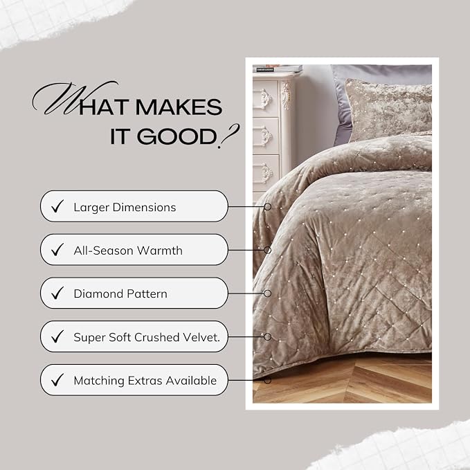 Tache Velvet Dreams Luxurious Velveteen Velour Super Soft Plush Warm Cozy Diamond Tufted Polka Dot Quilted Coverlet Tan Beige Neutral Bedspread Set, Full