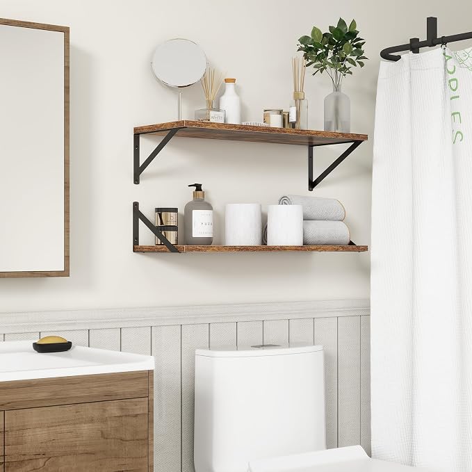 Fun Memories 27.5" W x10 D Floating Shelves, Large Wall Shelves 27.5 Inch Long, Set of 2, Farmhouse Wood Floating Shelf Wall Mounted, Deep Shelves for Bathroom, Living Room, Kitchen, Rustic Brown