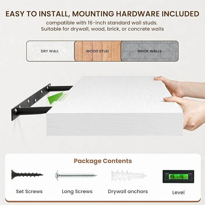 FLYJOE 20 Inch Floating Shelves, 12 Inch Deep Floating Shelves Set of 2, 20''W x 12''D White Wood Shelves for Wall, Bathroom Available, Engineered Wood, Mounting Hardware Included