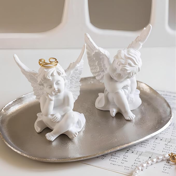 OwMell Set of 2 Cherubs Angels Resin Statue Figurine, Indoor Home Decoration, Adorable Angel Sculpture Memorial Statue 4" - White
