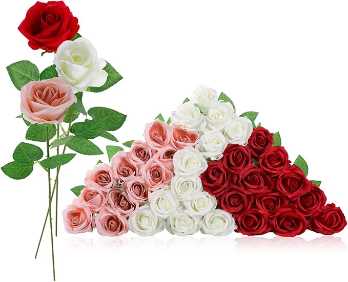 36 Pcs Red White Pink Artificial Roses with Long Stems, Fake Silk Rose Artificial Flowers Bulk for Bridal Wedding Bouquet Centerpiece Ball Arrangement Party Decor
