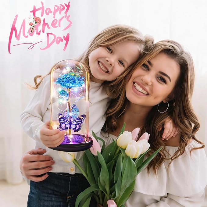Mothers Day Rose Gifts for Mom Birthday Gift for Women, Rechargeable Galaxy Glass Rose in Glass Dome Crystal Eternal Roses Butterfly Mother's Day Flowers Gifts for Women Mom Wife Grandma Daughter Blue