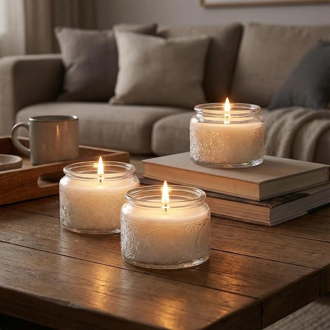 4 oz Clear Mandala Glass Candle Jars with Bamboo Lids, 18 Pack | Patented Embossed Design, Includes Wick Centering Devices & Warning Labels, Multiple Color Options