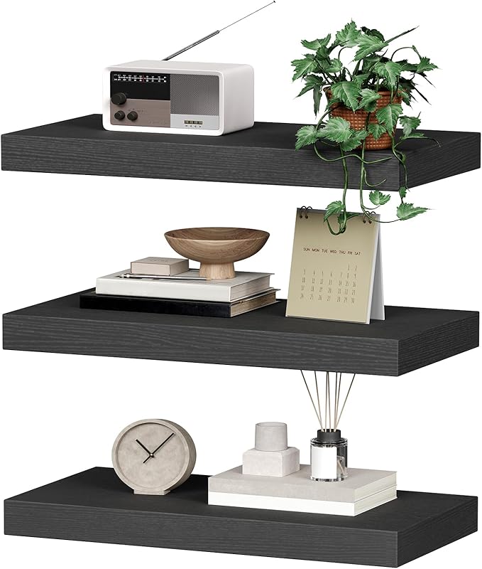 RALGEND Floating Shelves for Wall, 1.5" Thick Wall Shelf Set of 3 with Invisible Brackets, 15.7L x 7.9W Hanging Book Shelves Farmhouse Home Decor for Bathroom, Living Room, Bedroom, Black 4301BJP3BK