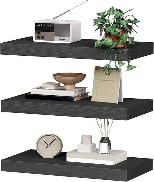 RALGEND Floating Shelves for Wall, 1.5" Thick Wall Shelf Set of 3 with Invisible Brackets, 15.7L x 7.9W Hanging Book Shelves Farmhouse Home Decor for Bathroom, Living Room, Bedroom, Black 4301BJP3BK