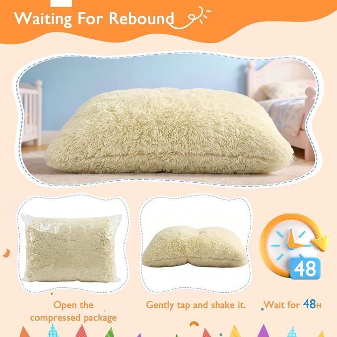 3 in 1 Kids Bean Bag Chair Bed, Kids Fluffy Stuffed Floor Pillow for Gaming and Reading, Ultra Soft Faux Fur Fabric Bean Bag Chairs to Lounger for Playroom, Living Room, Bedroom, Beige