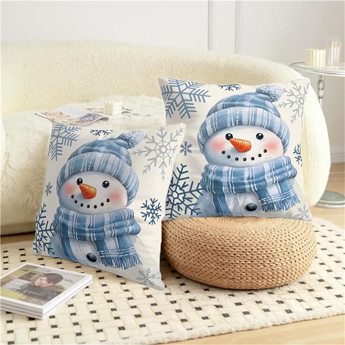 Lovely Blue Snowman Pillow Covers Winter Throw Pillow Case 24x24 Set of 2 Snowflakes Pillowcase Holiday Cushion Case for Living Room Bedroom Couch Sofa