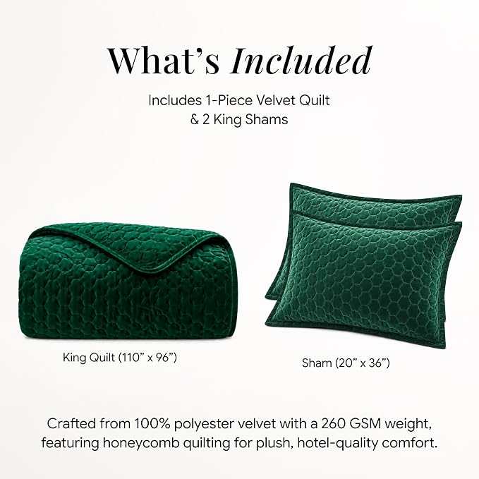 Tribeca Living Lugano Oversized Velvet Quilt Set - All Season, Extra Large, 3 Piece King Size Comforter Set with 2 Pillow Shams in Teal Honeycomb Pattern 260GSM