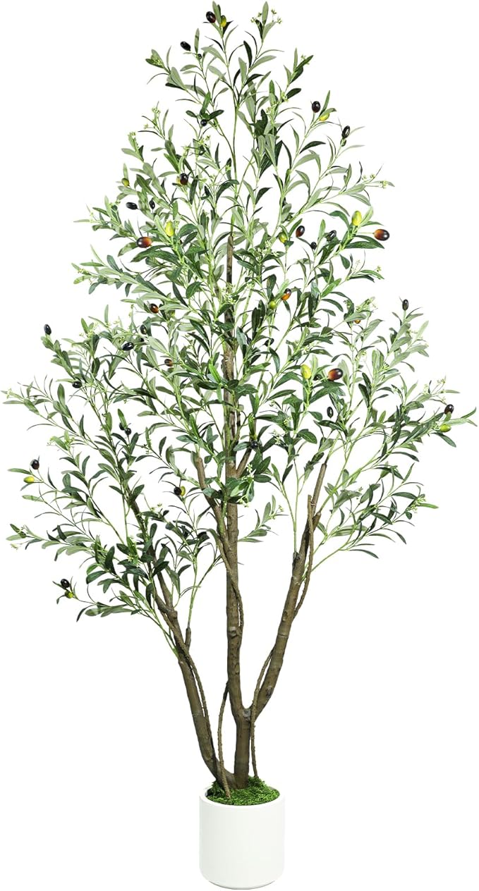 Caxchiling Artificial Olive Tree 6FT, Indoor Outdoor Faux Tree | Natural Trunk with Olive Fruits and Buds in White Planter for Home Office Living Room