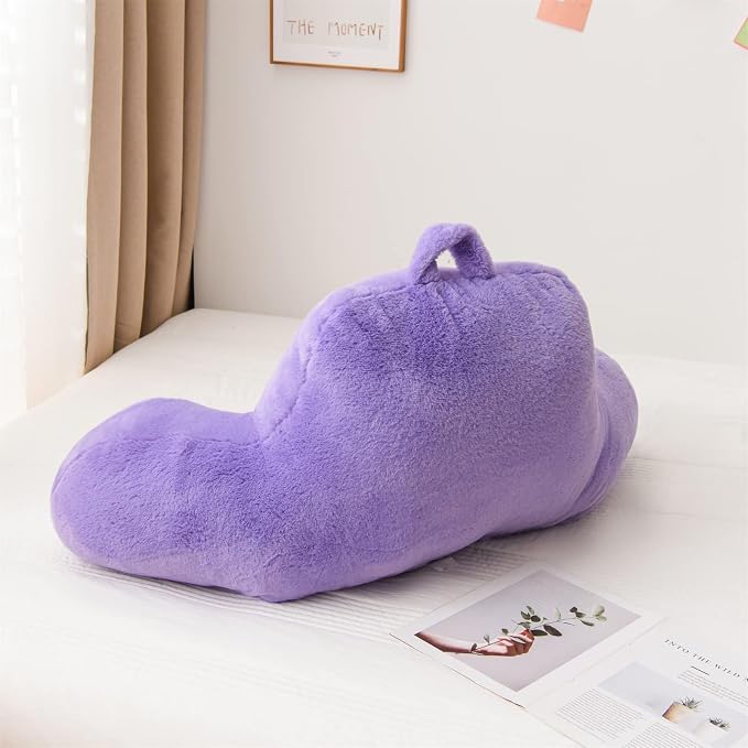 A Nice Night Faux Fur Reading Pillow Bed Wedge Adult Children Backrest with Arms Back Support for Sitting Up in Bed/Couch for Bedrest,Large Size,Light Purple