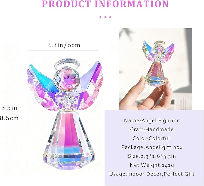 HDCRYSTALGIFTS Colorful Crystal Guardian Angel Figurine Gifts for Women 3.4'' Glass Angel Statues for Valentine's Day Wedding Home Table Decoration Collectible