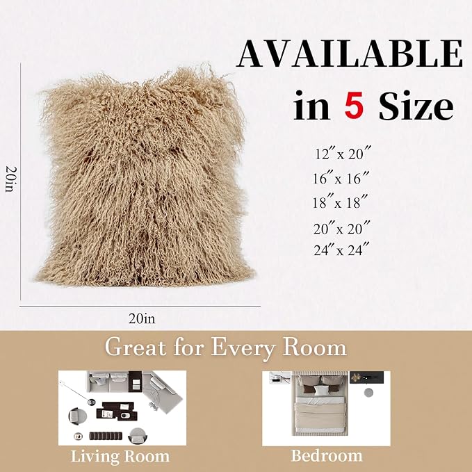Mongolian Lamb Fur Throw Pillow Cover (20'' x 20'', Khaki) Real Sheep Fur Decorative Cushion Cover Case Home Decorative Square Throw Pillow Cover Plain Wool Pillow Protector