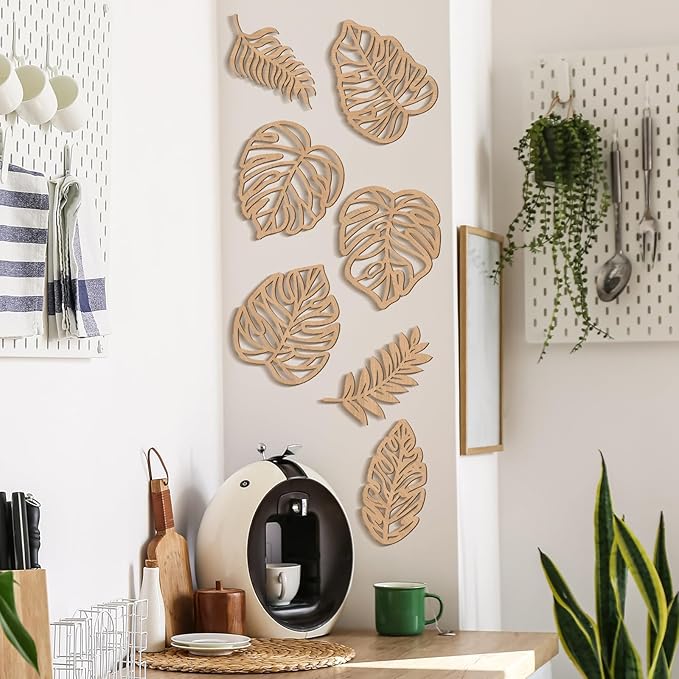 Namalu 7 Pcs Tropical Wall Decor Jungle Monstera Wall Art Boho Palm Leaf Wooden Decoration Tropical Nursery Decor Vintage Natural Monstera Leaf Plaque for Farmhouse Kitchen Bedroom Garden(Wood Color)